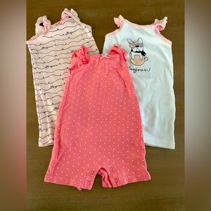 HB Set of 3 Ruffle Sleeve Short Rompers 0-3M-Pink Bonjour, Bulldog Bonjour, Dots